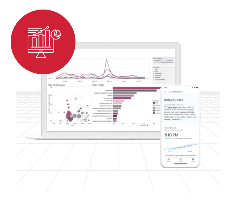 Real-Time Dashboards for Agile Decisions Hero in colour Advance analytics dashboard on laptop with mobile phone in front