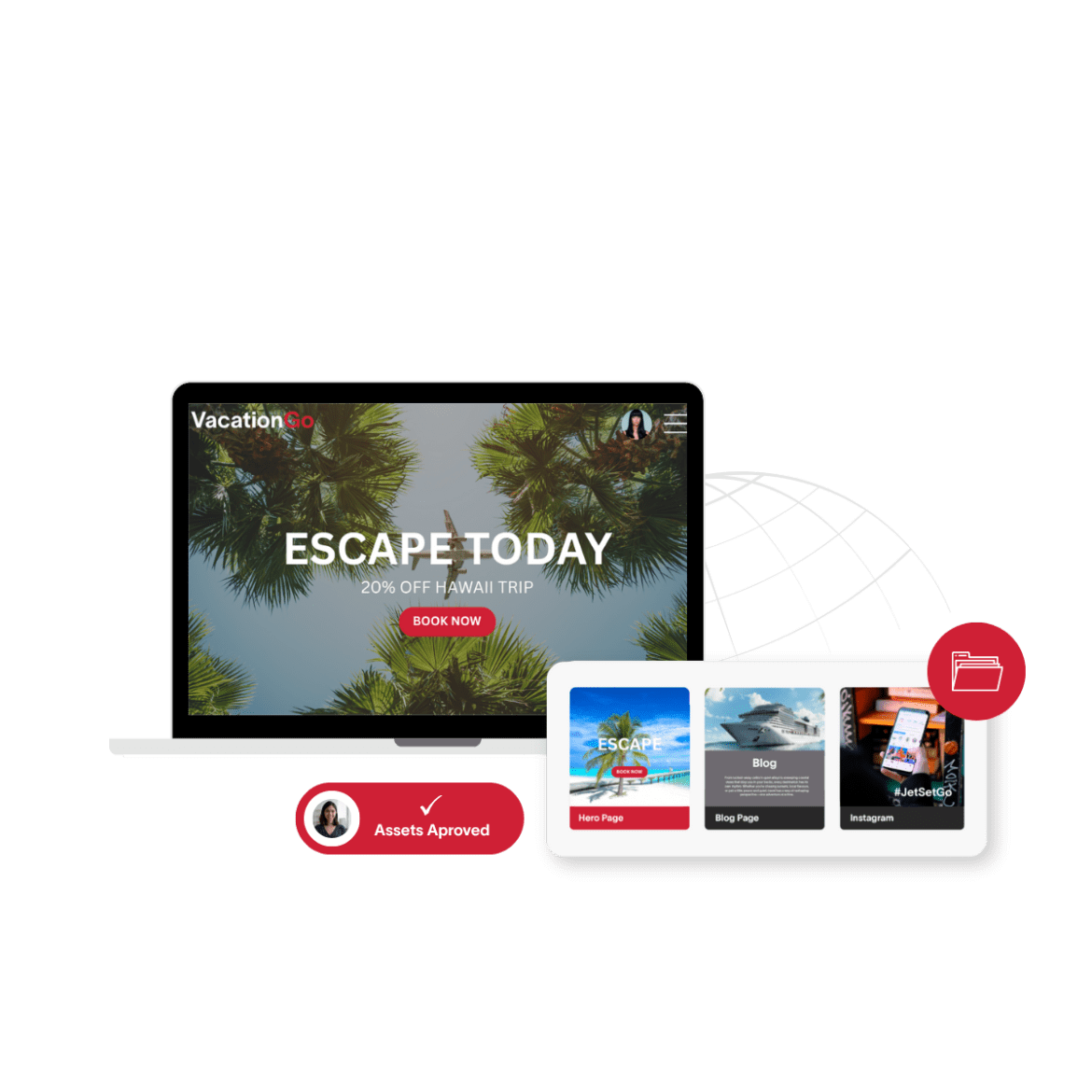 Vacations website with and folder logo and marketing materials beside it