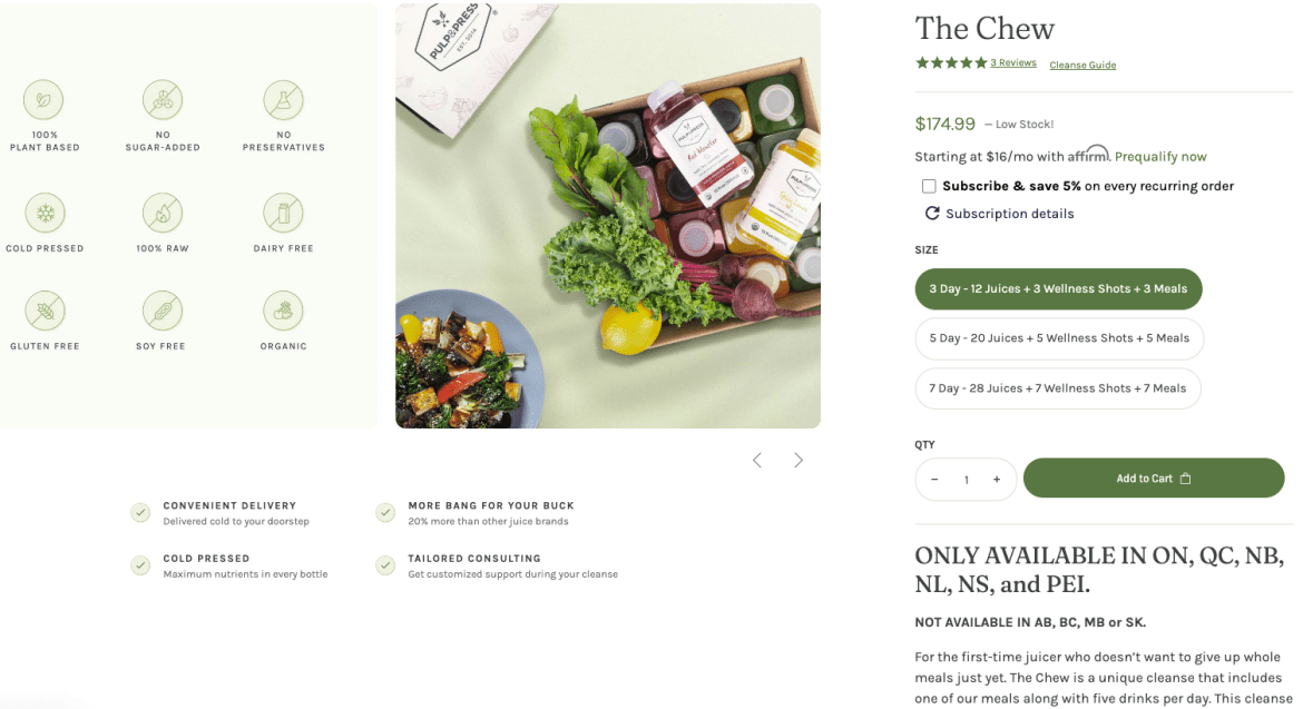 Pulp and Press juice and meal cleanse kit product page.