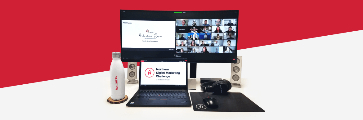 Multiple screens with Northern Digital Marketing Challenge presentation and Zoom call