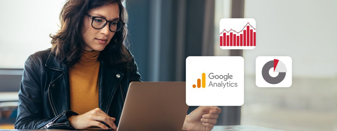 Lady working on a laptop and a bunch of pictures of statistical graphs with one of them being a google analytics logo
