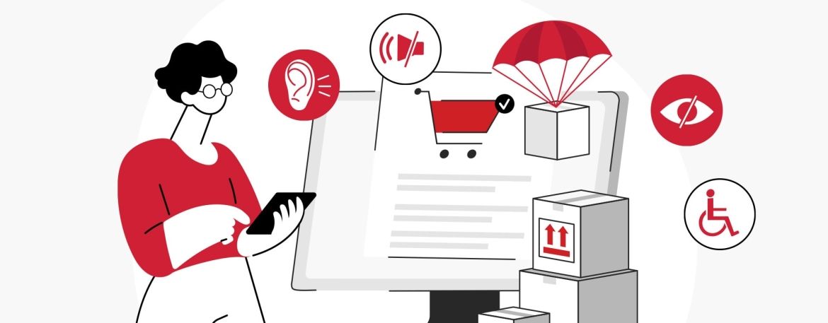 Woman on tablet representing online shopping surrounded by Accessibility icons.