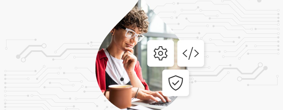 Woman drinking coffee looking at laptop with circuitry overlay surrounding