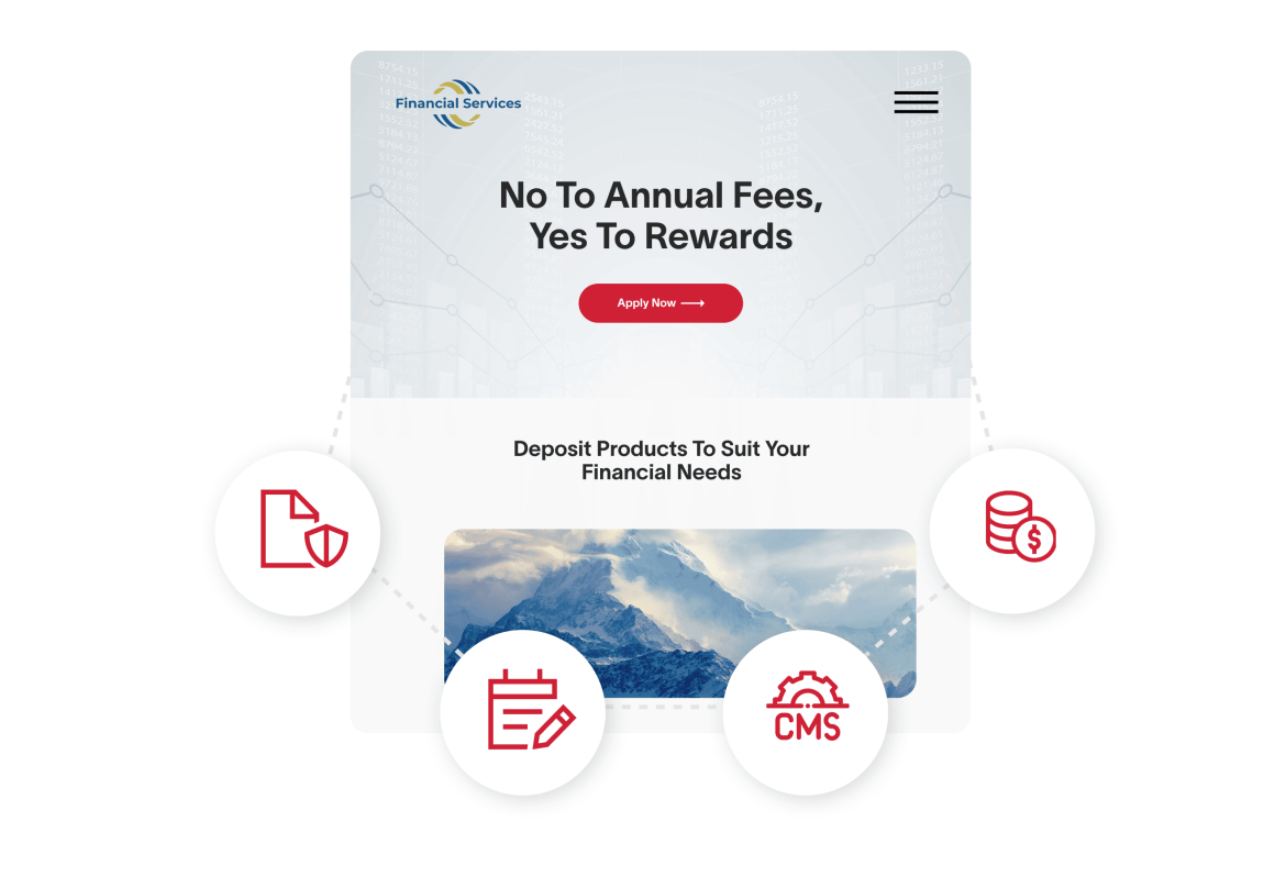 Financial Services website with CMS, Web page, Calendar, and Data icons in front