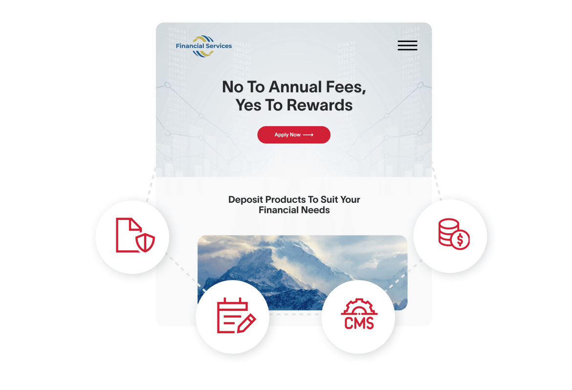 Financial Services Digital Experiences Hero Financial Services website with CMS, Web page, Calendar, and Data icons in front