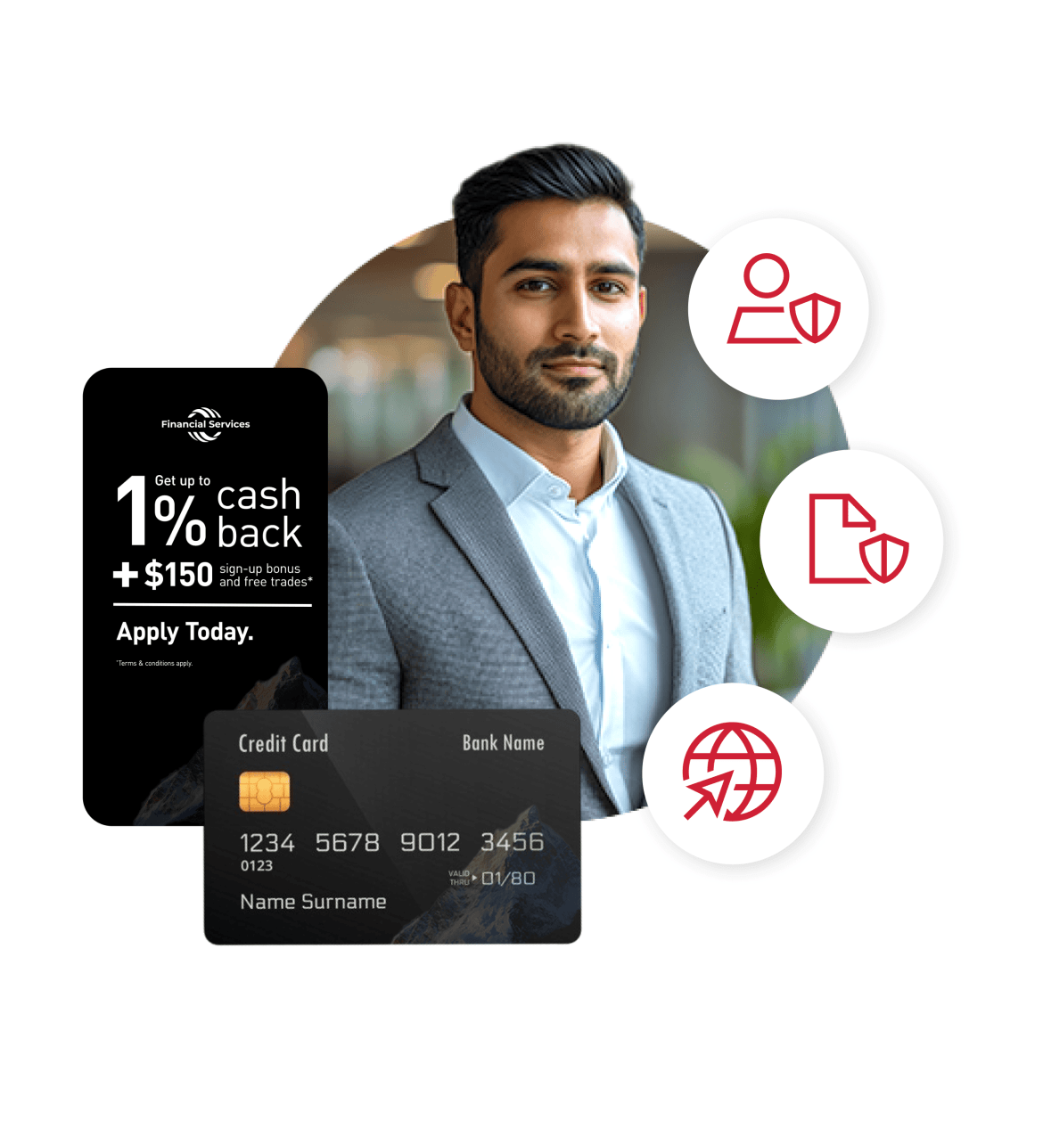 Financial Services Hero A man in a suit behind a 1% cash back promotion, a credit card, and three logos