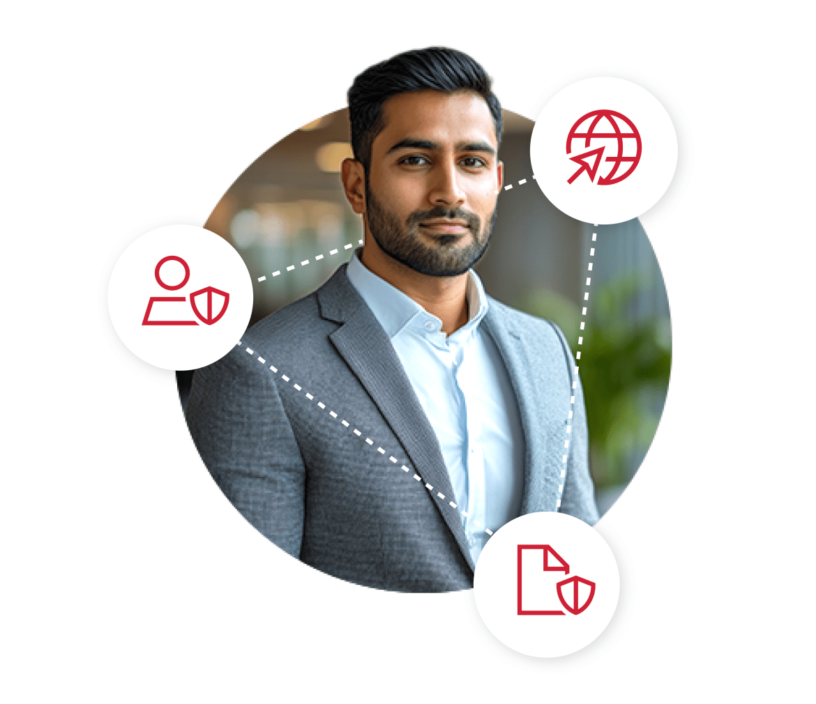 man in suit with financial service logos surrounding him