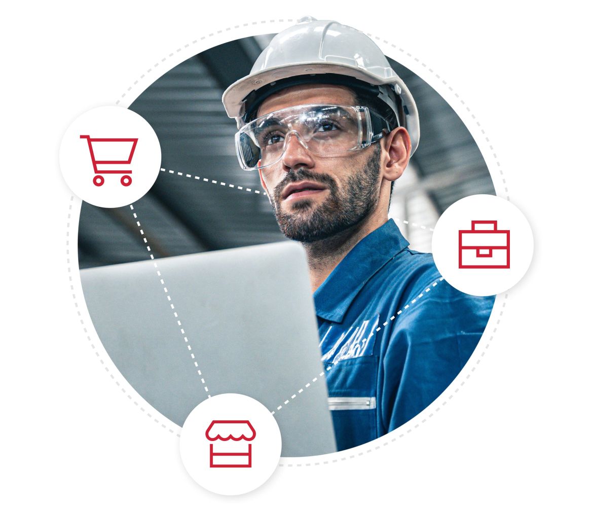 Blue collar worker with a hard hat and safety glasses looking at laptop with shopping cart, marketplace, and toolbox logos connected in a triangle around him
