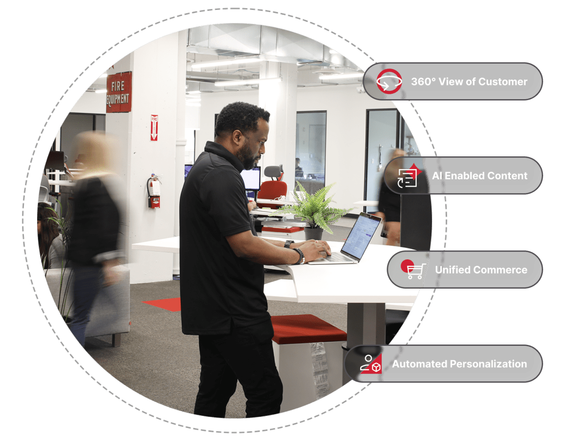 Man working at standing desk in busy office