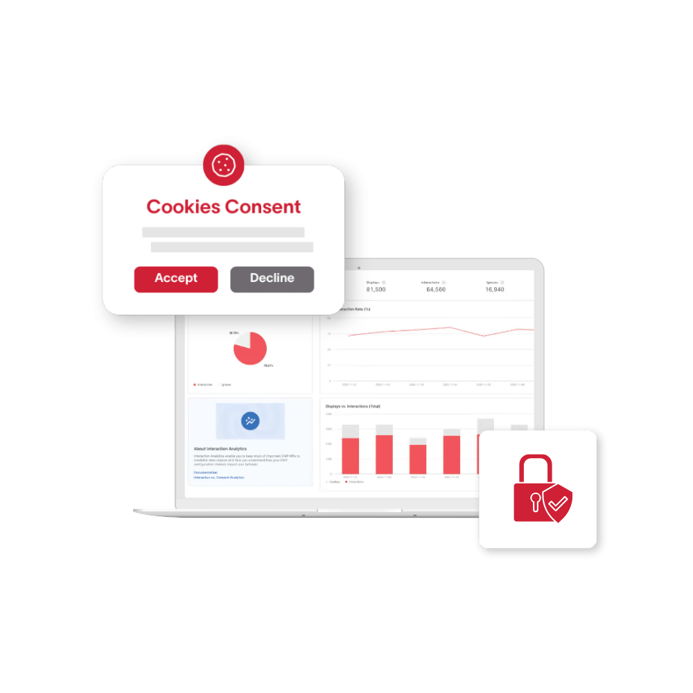Strategic Data Governance and Compliance Solutions hero in colour A cookie consent prompt, a analytics dashboard, and a lock