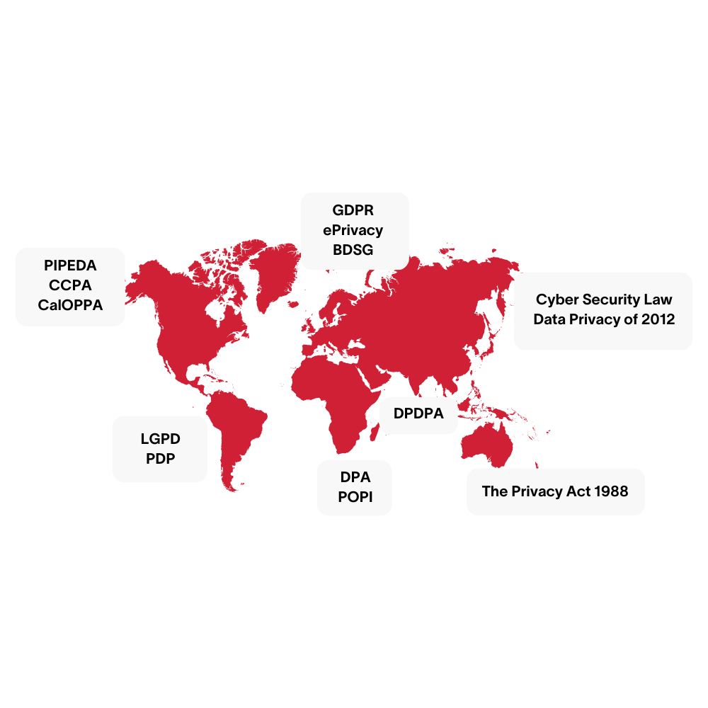 Map of the world with arrows pointing to compliance requirements based on country