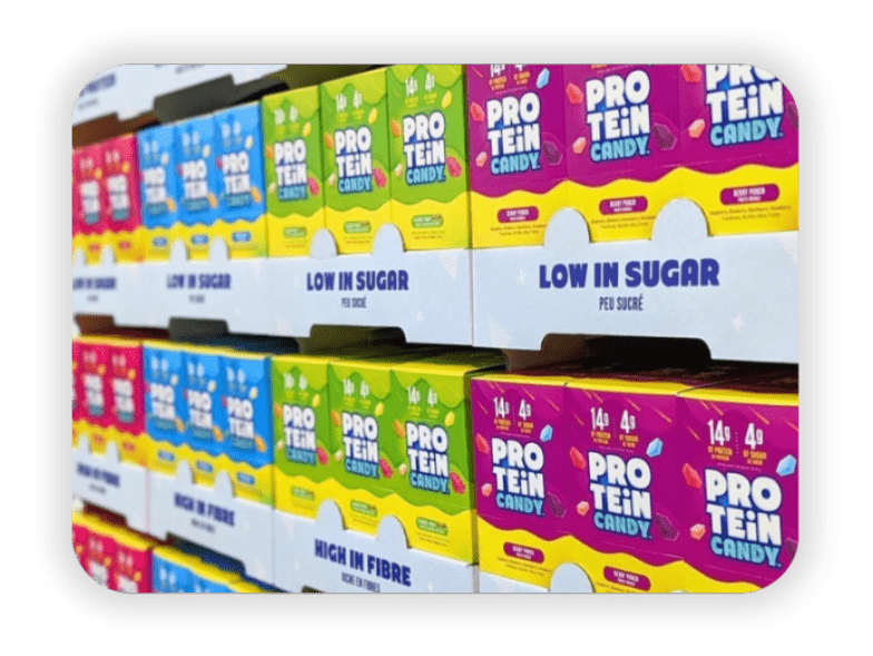 Protein candy on the shelves of a retail store
