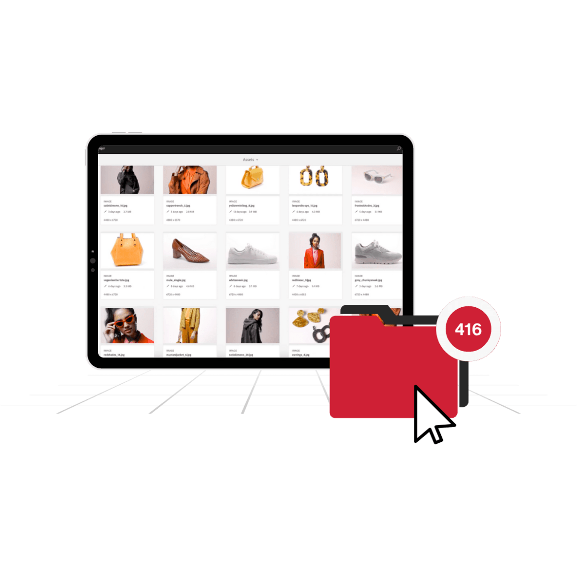 Why Adobe Experience Manager Assets? Hero in colour Online shopping site with a folder in front