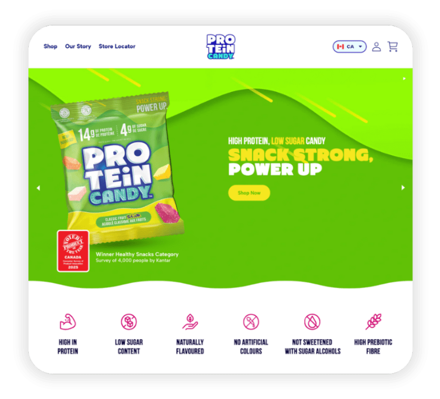 Protein candy website homepage screenshot