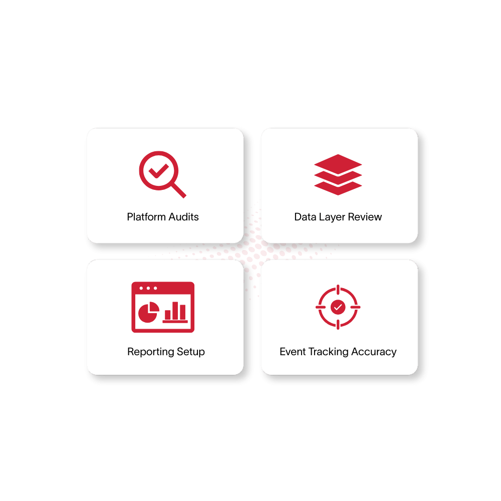 Logos for Platform Audits, Data Layer Review, Reporting Setup, and Event Tracking Accuracy