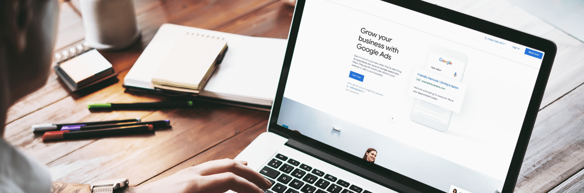 Laptop viewing &quot;grow your business with Google Ads&quot;