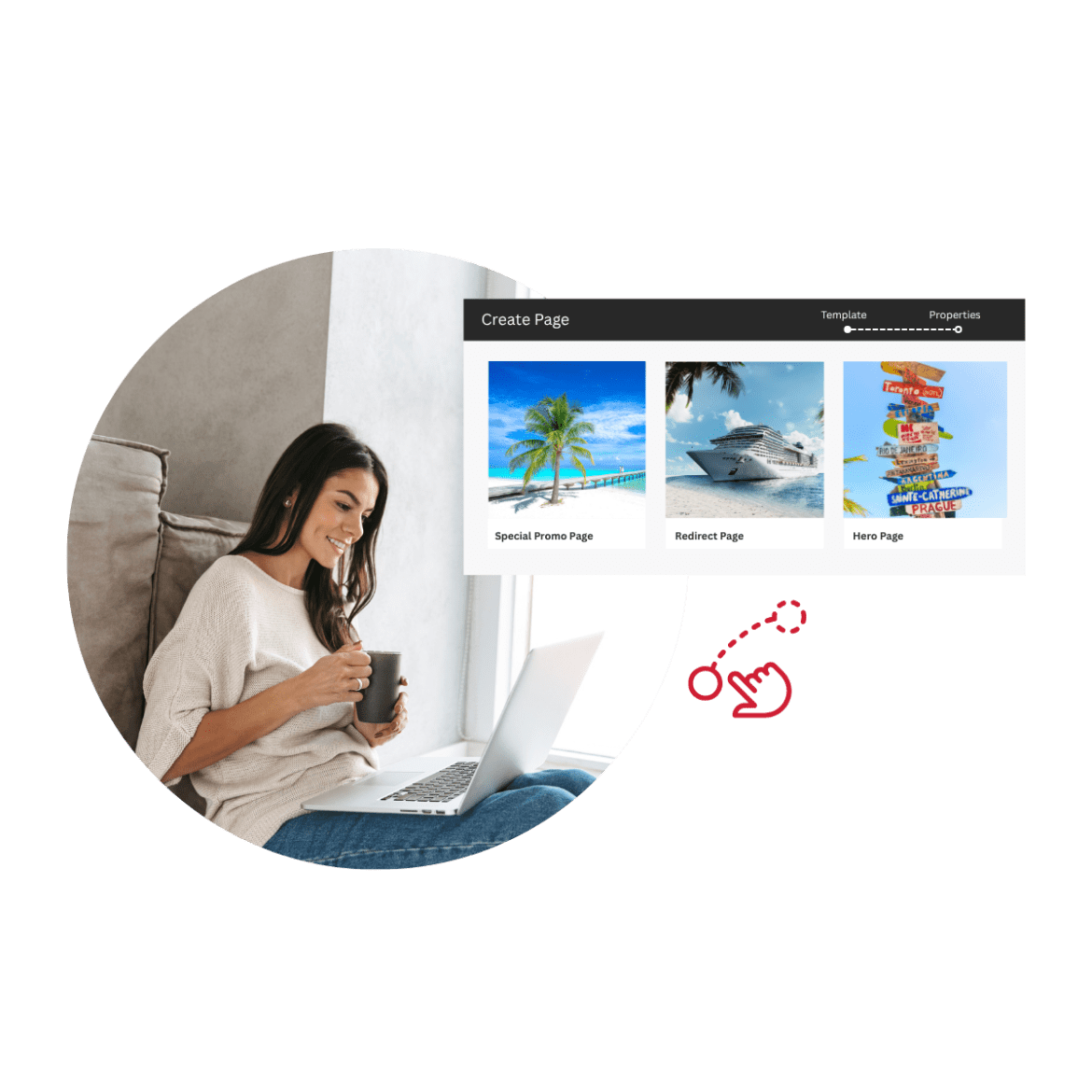 Woman on laptop with mug looking at vacation options