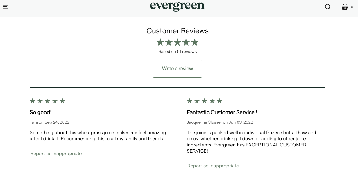 Evergreen customer reviews page.
