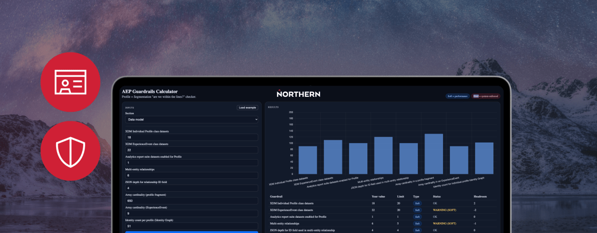 Northern AEP Guardrails Calculator interface displayed on a laptop, showing input fields for Adobe Experience Platform Profile data model values alongside a utilization bar chart and results table with soft and hard limit indicators