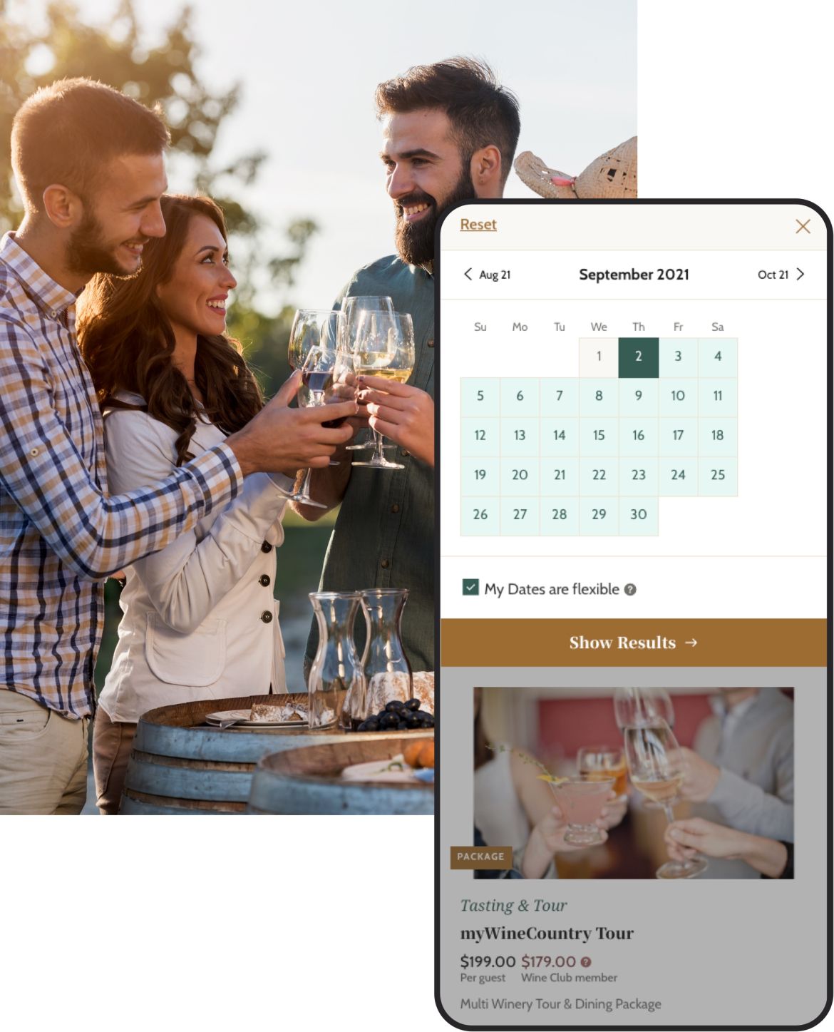 people smiling drinking wine and a mobile mockup of the online booking system from the website
