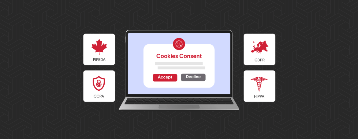 A laptop with a cookie consent banner along with privacy law icons.