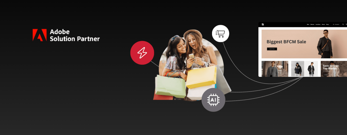 Two women shopping looking at a phone next to a storefront webpage.