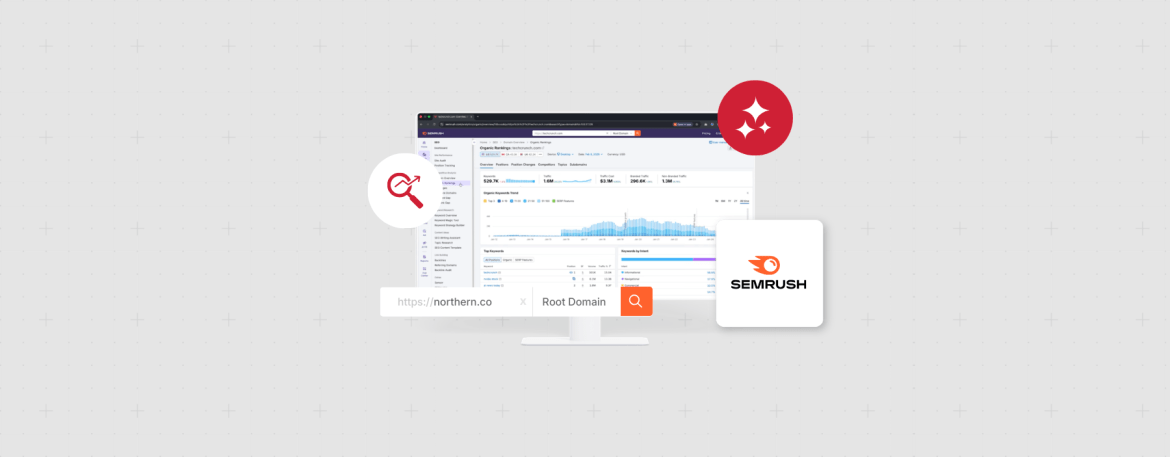 A desktop computer displaying the Semrush app with icons related to SEO and GEO.