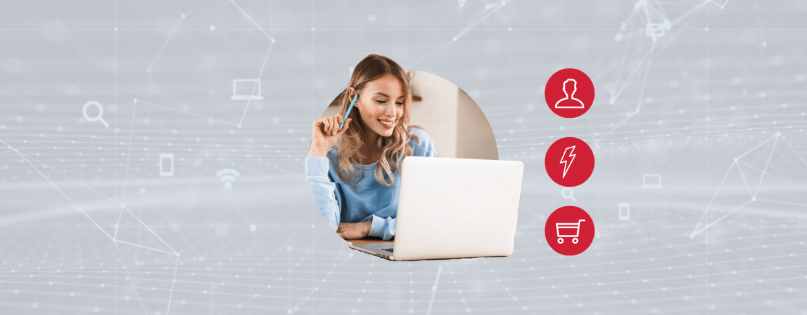 A gray backdrop with a woman on her laptop with red storefront graphics.