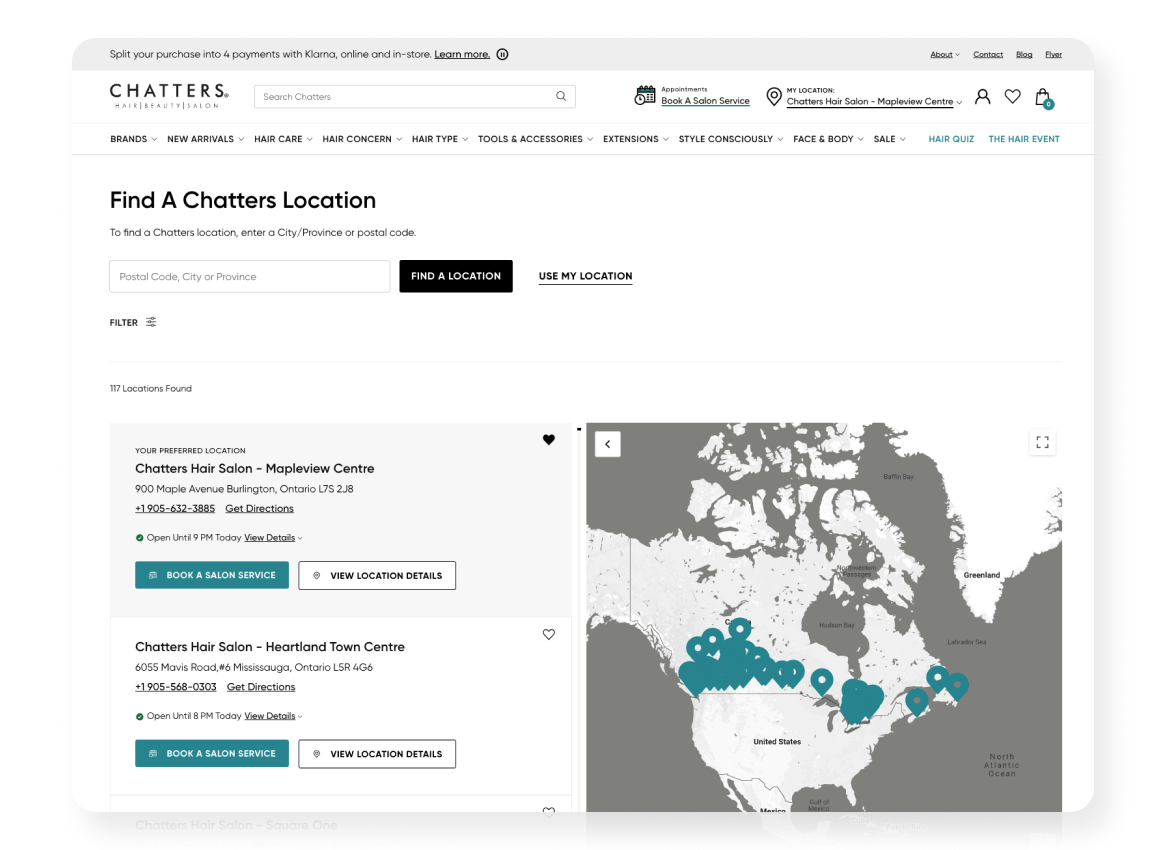 Chatters site locations map Chatters website demonstrating "Find a location" feature
