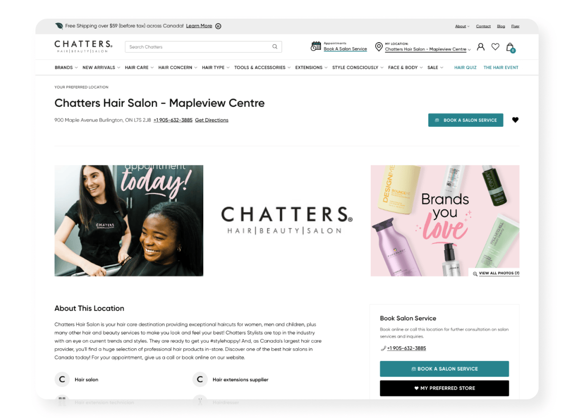 Chatters website with store-specific profile