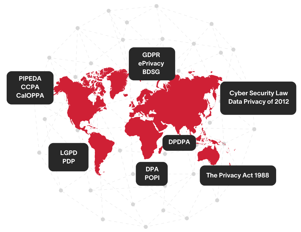A map of the world with Consent Compliance labels.