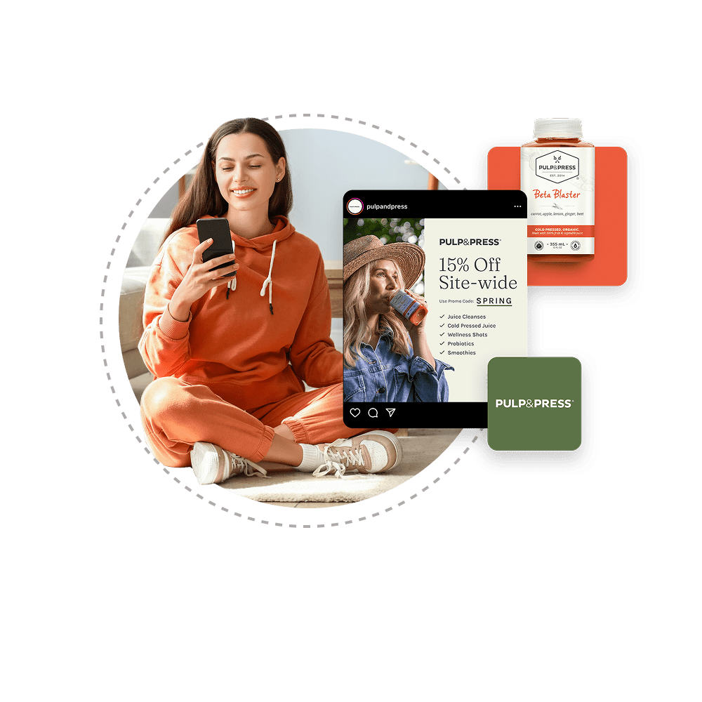 A woman in athletic wear looking at her phone with advertisements on the right.