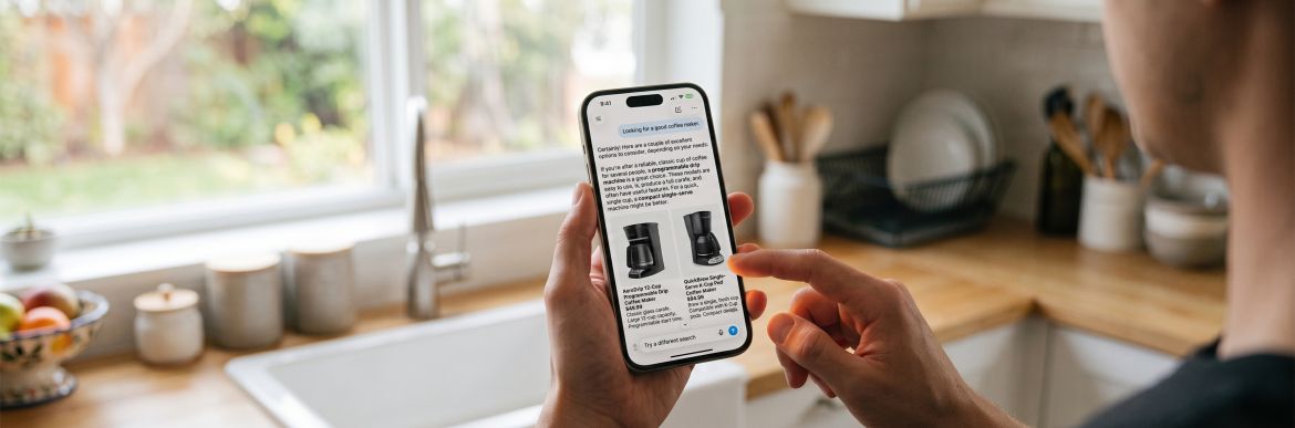 Person holding a phone in a kitchen while an AI assistant recommends two coffee makers under $40