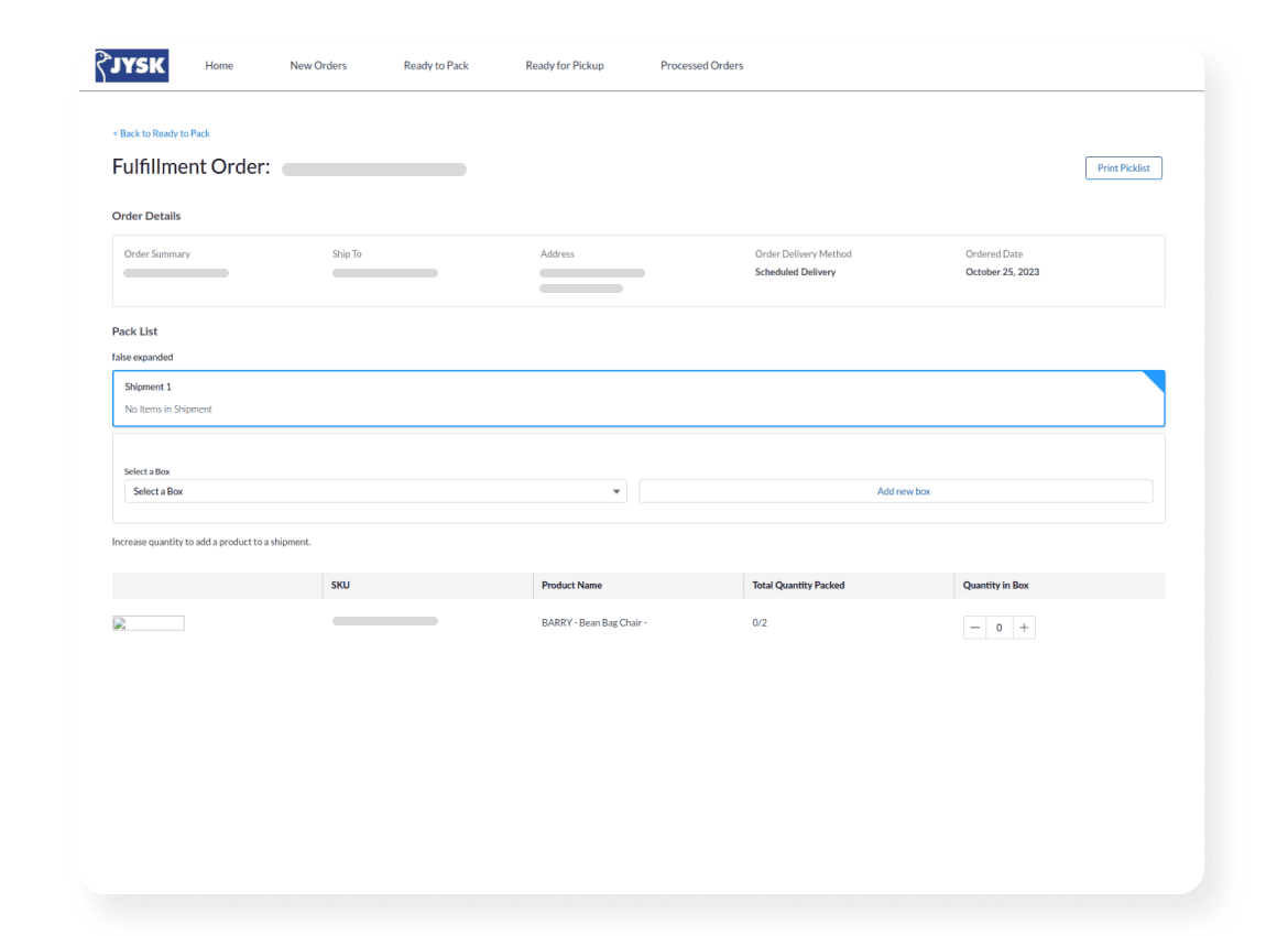 JYSK Fulfillment Order form