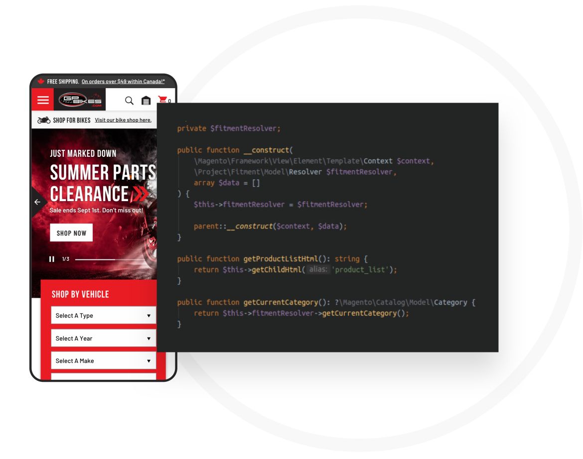 mobile mockup of the GP Bikes website and a window showing backend code