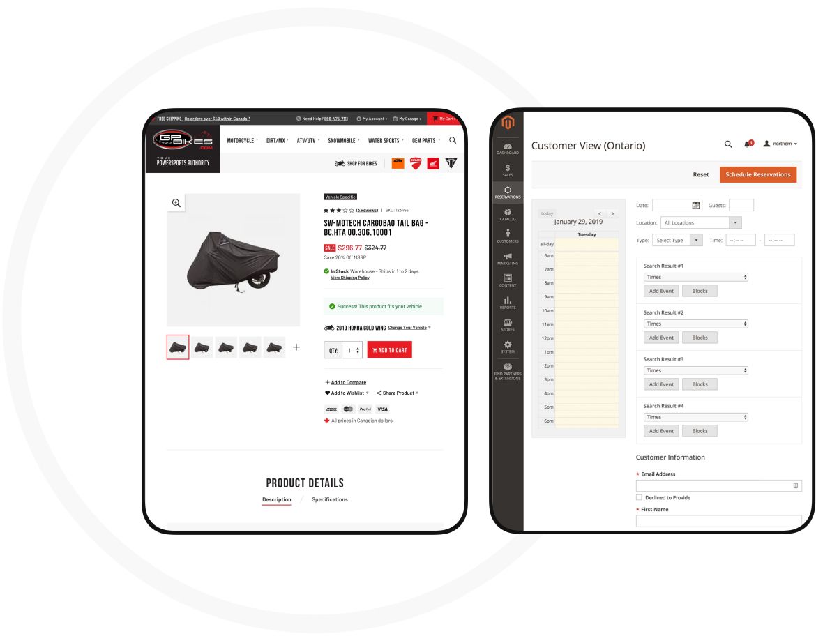 tablet view of the GP Bikes website and magento admin view