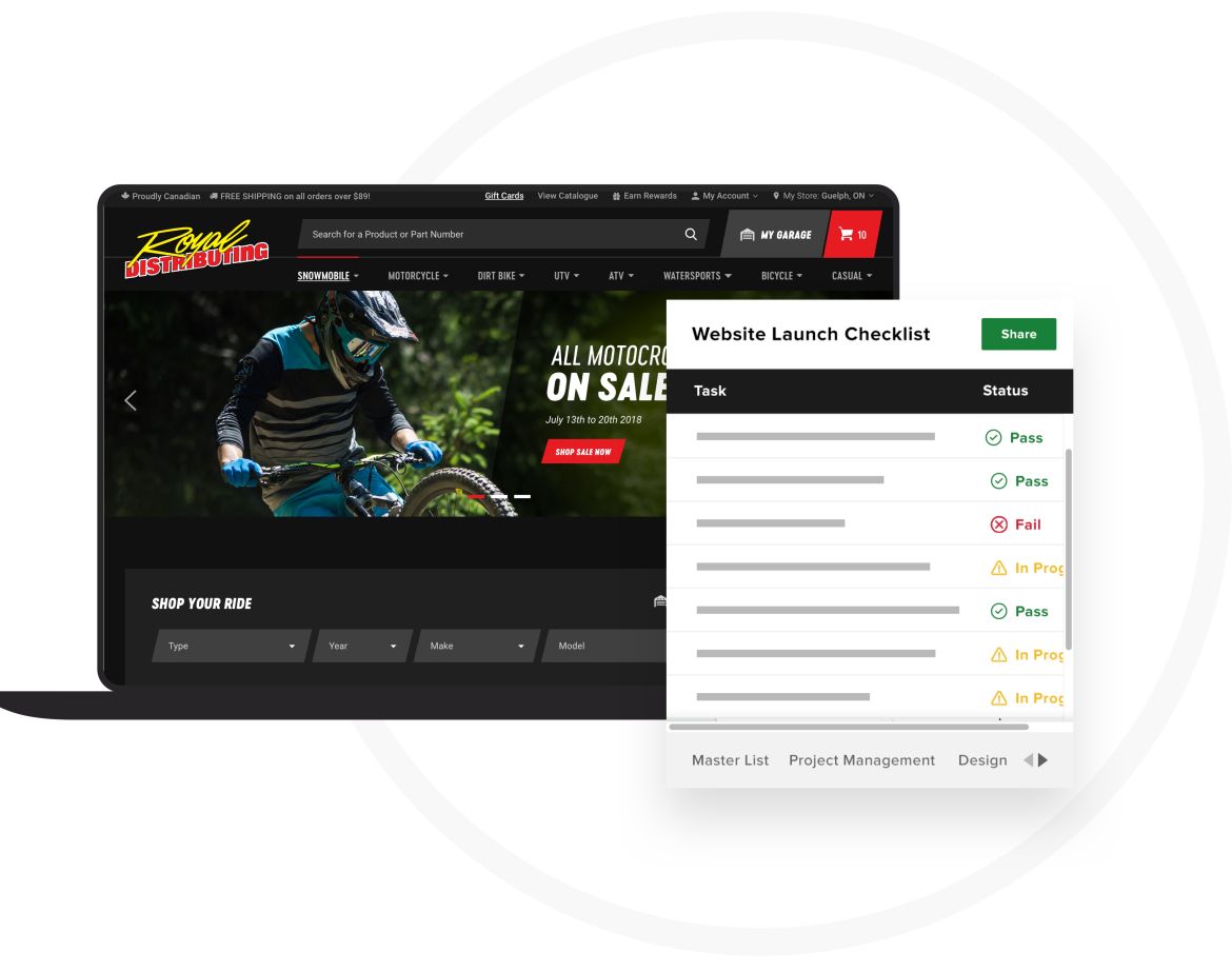 laptop view of the Royal Distributing website and a website launch checklist