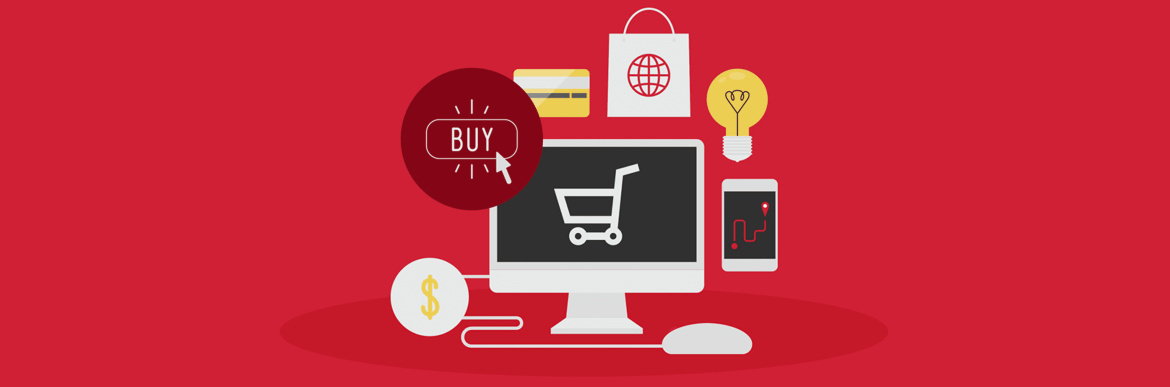 Drawing of computer surrounded by a lightbulb, credit card, dollar sign, and buy button