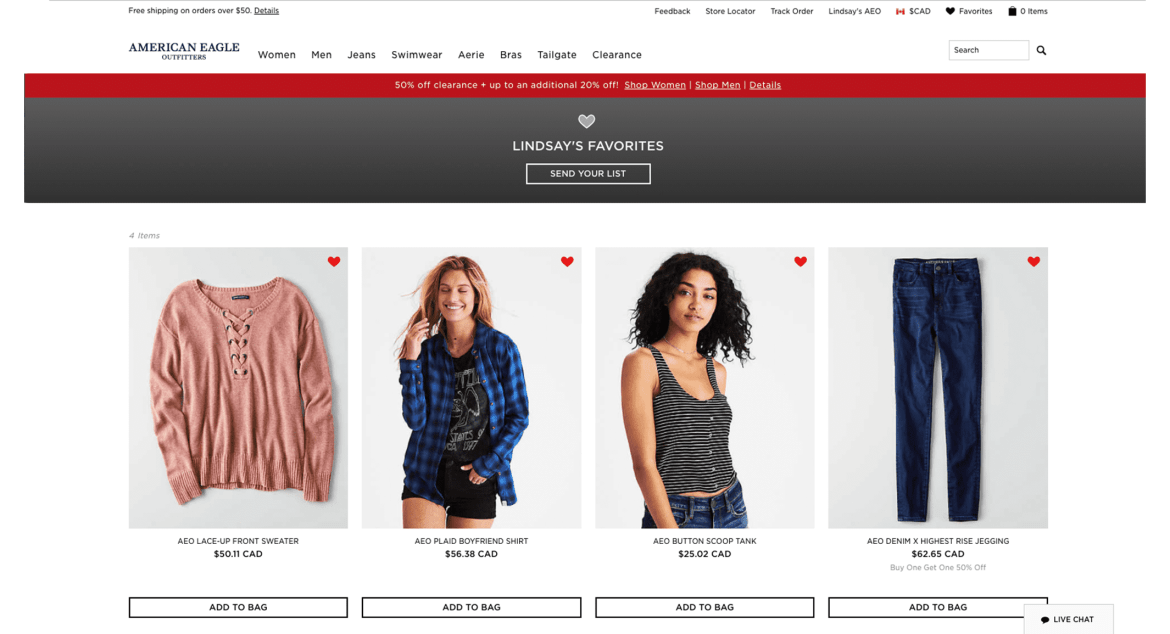 American Eagle favourited items page
