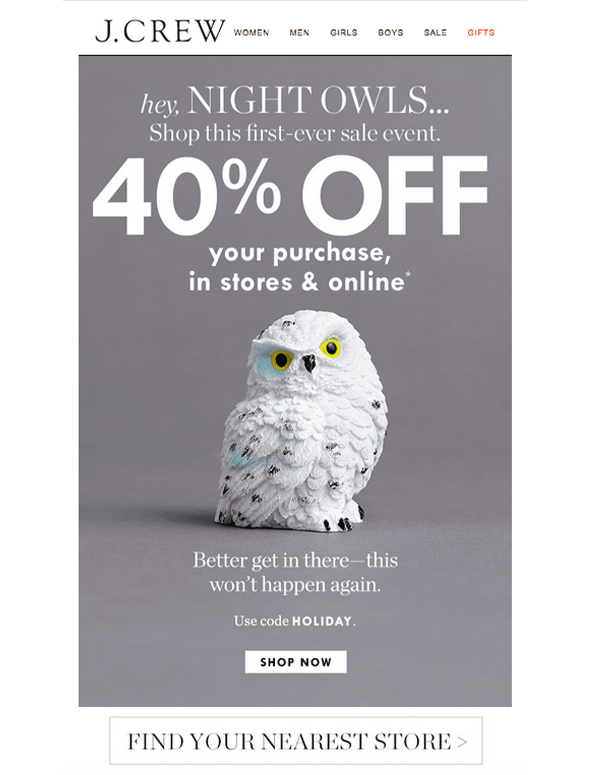 J. Crew 40% off promotion with owl