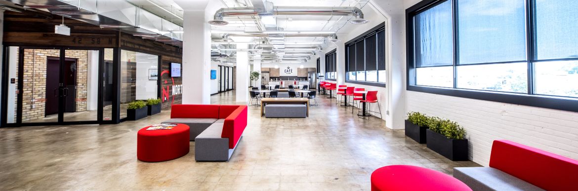 Northern office waiting room with red seats