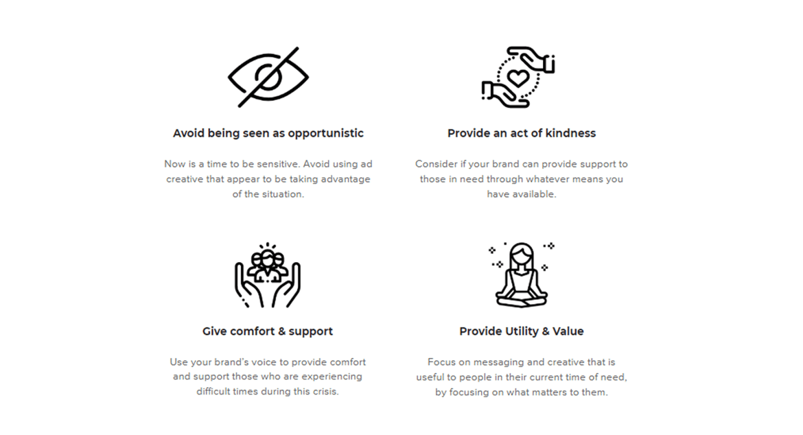 Avoid being seen as opportunistic, provide an act of kindness, give comfort & support, provide utility & value