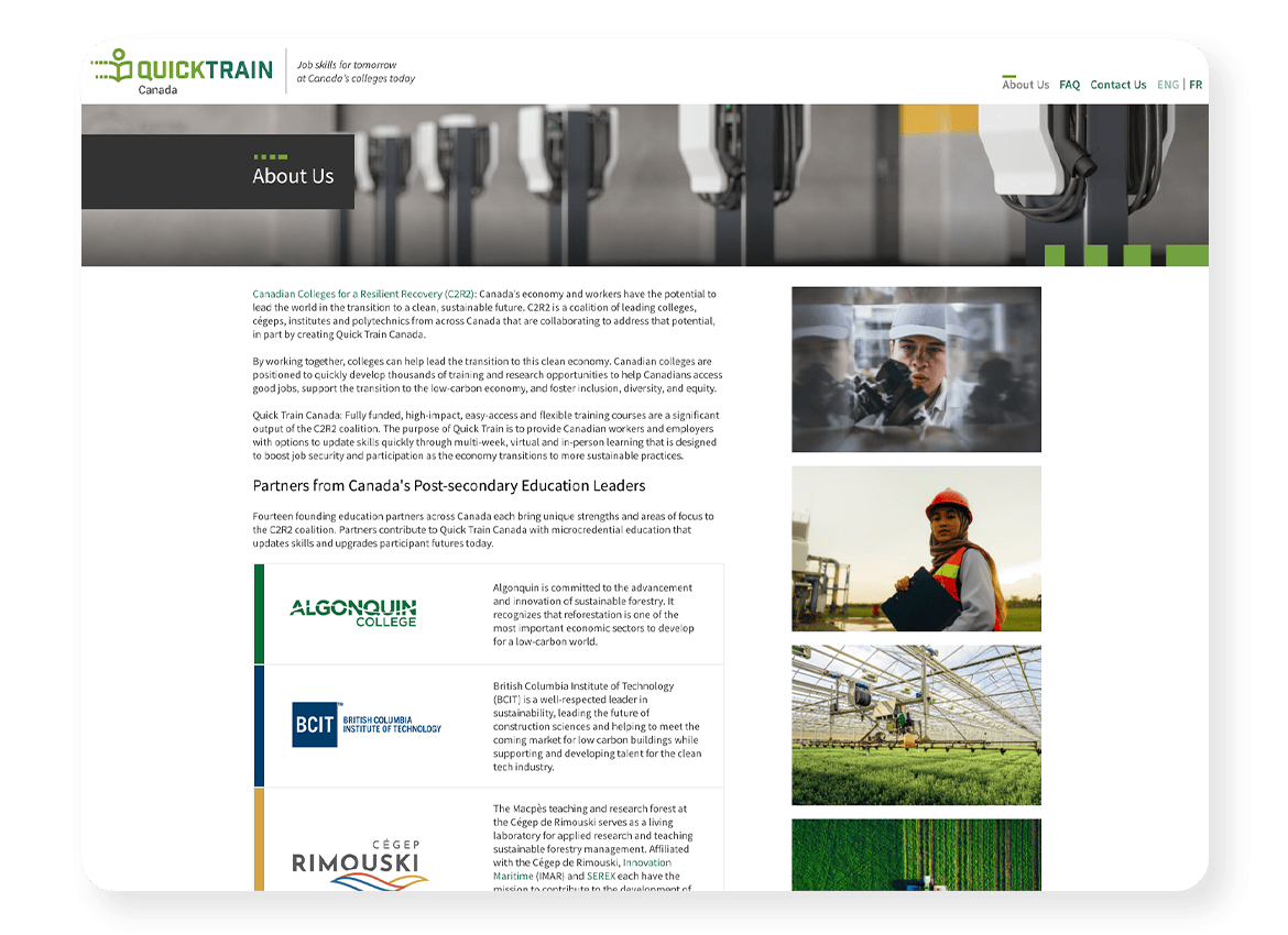 QuickTrain Website About Us Page on web browser