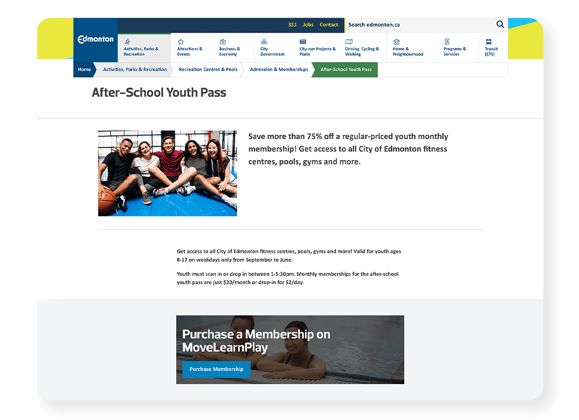 City of Edmonton After School Youth Pass Page