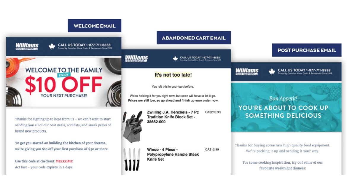 Williams welcome email, abandoned cart email, post purchase email