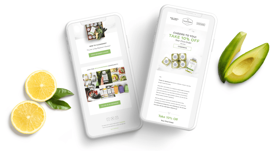 Pulp & Press email on phones with lemons and avocado on a table