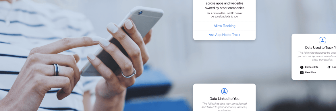 Woman on phone with data tracking popup images overlay