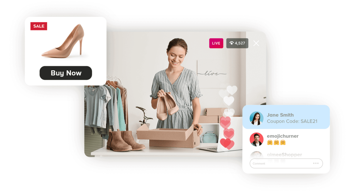 Woman shopping at store with online shopping overlays