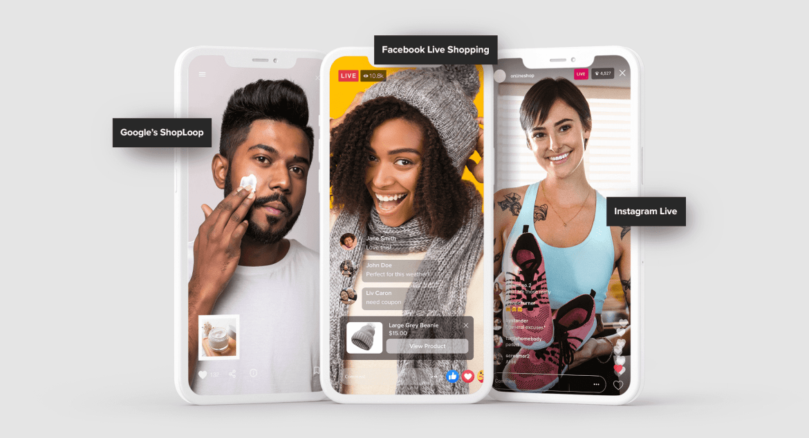Images of live shopping on Google, Facebook, and Instagram