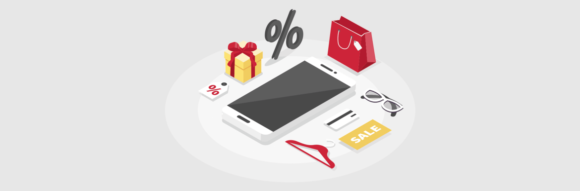 Tablet surrounded by gift boxes, a credit card, store sign, hanger, glasses, and sales tag